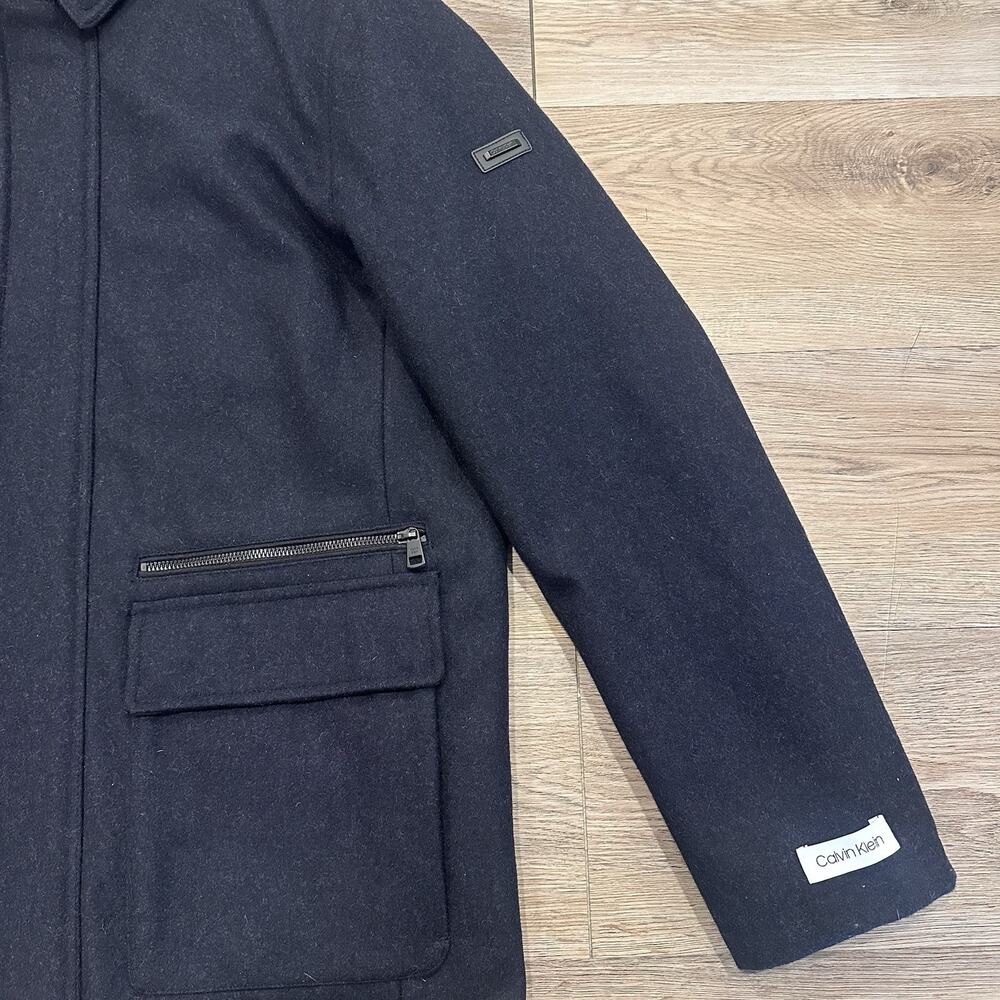 Calvin Klein Men’s Med Wool Duffle Navy Coat Jacket Removable Hood EUC - Picture 11 of 16